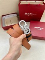 1:1 Ferragamo  Orange&Black Leather Belt   with Silver Logo buckle  3.4cm